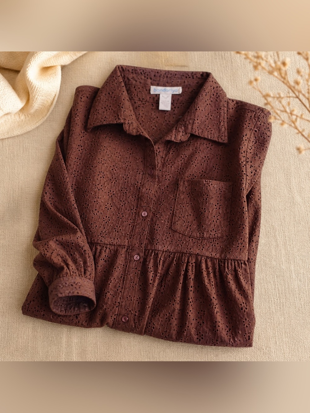 Denim 24/7 Size 18W Brown Button Down Polyester Shirt